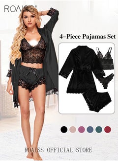 Buy 4 Pack Women's Nightwear Sets Silk Satin Sleepwear Pajama Summer Home Wearing Clothes Suits Embroidered Breathable Ladies Lingerie Robe Nightdress Underwear Panties Black in UAE