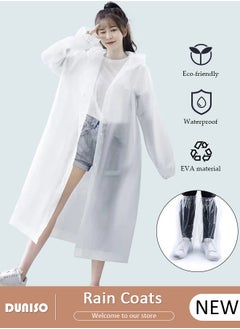 اشتري 2 Pcs Rain Poncho Set, EVA Raincoat with Hood and Plastic Transparent Long Thickened Waterproof Rain Shoes and Boots Covers for Family Fishing Driving Travel في الامارات