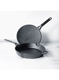 Buy Meyer Pre-Seasoned Cast Iron 2 Piece Cookware Set - 26cm Frying pan + 26cm Roti Tawa | Iron Utensils for Cooking | Induction Cast Iron Combo | Cookware Set Combo Offer for Kitchen, Black in UAE
