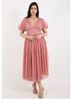 Buy Women's dress with elegant design and  text sleeves, pink in Saudi Arabia