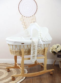 Buy Moses basket white color with wooden stand on wheels in UAE