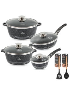 Buy Cookware Set Nonstick Granite 100% PFOA Free Induction Pots and Pan with Lid-10 Piece Set Include Casseroles ,Deep Fry Pan,Sauce Pan & Silicone Slotted Turner & Silicone Spoon. in UAE