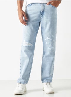 Buy Light Wash Straight Fit Ripped Jeans in Saudi Arabia