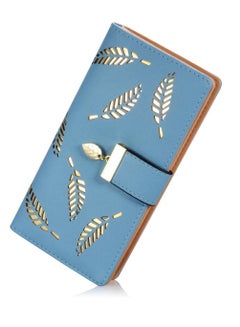اشتري Sweet Cute Chocolate Women's Long Leaf Bifold Wallet Leather Card Holder Purse Zipper Buckle Elegant Clutch Wallet Handbag for Women Blue في السعودية