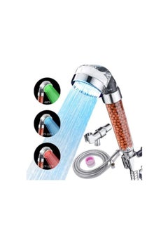 Buy LED shower head with filter beads, high pressure handheld shower head water saving, 3 colors change with temperature, no batteries required, with shower hose and holder in Saudi Arabia