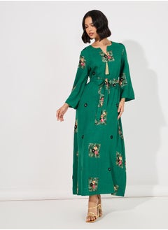 Buy Linen Look Embroidered Tassel Detail Maxi Jalabiya in Saudi Arabia