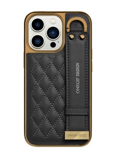 اشتري iPhone 14 Pro Case with Hand Strap Holder Shockproof Luxury Leather Plating Wrist Strap Grip Cover Black في الامارات