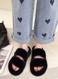 Buy Stylish Women Faux Fur Open Toe Flat Indoor Slippers Autumn and Winter Warm Household Bedroom Comsoft Slippers Black in UAE
