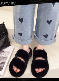 Buy Stylish Women Faux Fur Open Toe Flat Indoor Slippers Autumn and Winter Warm Household Bedroom Comsoft Slippers Black in Saudi Arabia