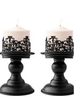 Buy 2 Pack Vintage Pillar Candle Holders, Candle Holder, Matte Black Metal Candle Stands Decorative, Decorative Antique Candle Stand for Dining & Living Room Decoration (Retro) in UAE