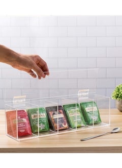 Buy Modern Clear Premium Acrylic Tea Bag Organizer Box with 5 Compartments and Hinged Lid, Kitchen Countertop Storage Caddy for Assorted Teas and Condiments in UAE