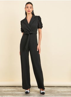 Buy Floral Applique Sleeves Notch Neck Wide Leg Tailored Jumpsuit in Saudi Arabia