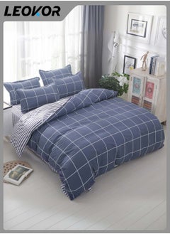 Buy 4-Piece Fashion Simple Lattice Printed Duvet Cover Comforter Set Cotton Blue/White 200x230cm in Saudi Arabia