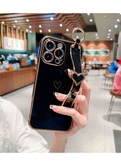 Buy Compatible With iPhone 15 Pro Case, iPhone 15 Pro Phone Case With Adjustable Wristband Kickstand Loop, Lovely Heart Luxury Plating Bumper, Raised Corner Shockproof Women Girls Cover, Black in UAE