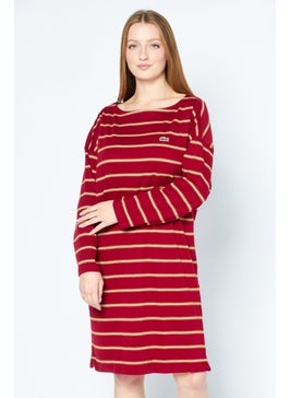 اشتري Women Boat Neck Stripe Long Sleeve Midi Dress, Maroon Combo في السعودية