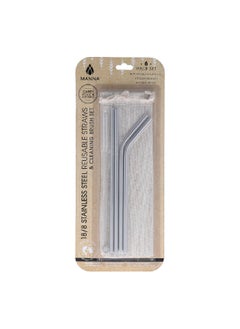 Buy 6-Piece Reusable Straw with Cleaning Brush and Pouch Set Silver 15.6 x 1.417 x 33 cm AC30413 in Saudi Arabia