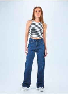 Buy High-Waist Navy Blue Cross Belt Straight Leg Jeans in Saudi Arabia