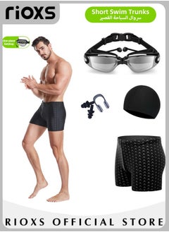 Buy Adult Men's Short Swim Trunks Set with Professional Anti-Fog Swim Goggles Nose Clip Ear Plugs and Swim Cap in UAE