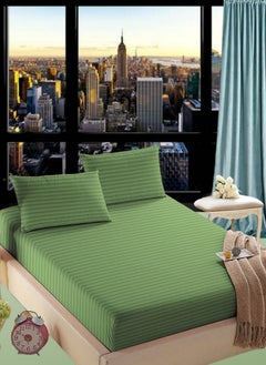 Buy Faded Green Striped Sheets Set Deep Pockets Machine Washable Soft Cotton180x200+25cm in UAE