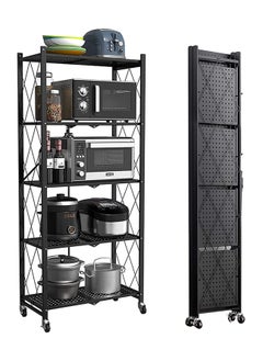 اشتري 5-Tier Kitchen Shelving Organizer Cart with Wheels, Folding Kitchen Storage Cart Trolley Cart, Metal Rolling Cart Trolley, No Installation Required, Black في الامارات