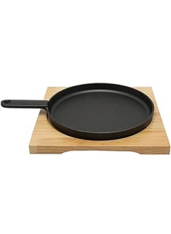 Buy 22cm Round Cast Iron Skillet Pan with Side Handle and Wooden Base | Oven Safe Cast Iron Roasting Pan in Saudi Arabia