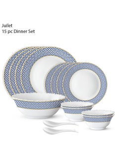 Buy 15 Piece Opalware Dinner Set | Microwave & Dishwasher Safe-Juliet Dinnerware Set With 4 Piece Dinner Plates, 4 Pcs Side Plates, 1 Pcs Serving Bowls, 4 Pcs Veg Bowls, 2 Pcs Spoons | Chip & Scratch Resistant, White in Saudi Arabia