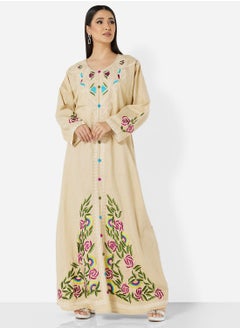 Buy HIGH QUALITY SLUB RAYON JALBIYA WITH MULTICOLOR THICK MOROCAN THREAD EMBROIDERY in Saudi Arabia