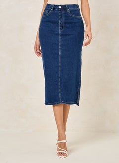 Buy Straight Fit Denim Skirt with Side Slit in Saudi Arabia