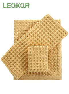 Buy 3 Sizes Towel Set Quick Dry Ultra Soft Light Weight and Absorbent Waffle Towel Yellow in Saudi Arabia