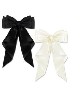 Buy 2 PCS Big Bow Hair Clips with Long Silky Satin, Solid Color French Barrette, Simple Hair Fastener Accessories for Women Girls (Black/White) in Saudi Arabia