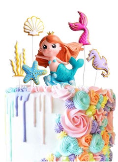 اشتري 6 Pack Resin 3D Mermaid Inspired Cake Topper Figurine with 2D Starfish Seaweed Seahorse Shell Mermaid Tail Cupcake Toppers Picks Kids Birthday Party Wedding Cake Decorations Supplies في الامارات