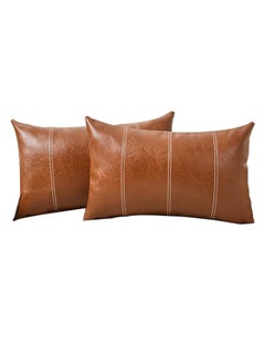 Buy 2 Packs Brown Boho Lumbar Faux Leather Decorative Throw Pillow Covers 12x20 Inch for Living Room Couch Bed Sofa, Hand Stitched Rectangle Cushion Case, Rustic Modern Farmhouse Home Decor in Saudi Arabia