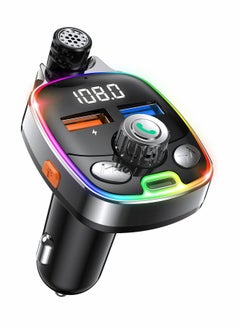 Buy Bluetooth 5.0 FM Transmitter, for Car, 7 Colors LED Backlit Car Radio Bluetooth Adapter Type-C & Dual-Port USB Charger Supports USB Flash Drive, TF Card in UAE