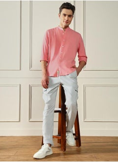 اشتري Regular Fit Pink Linen Blend Shirt Mandarin Collar في الامارات