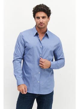 Buy Men Slim Fit Embroidered Logo Long Sleeves Casual Shirt, Blue in UAE