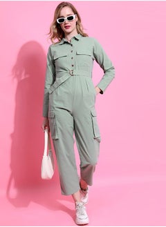 Buy Solid Collared Cargo Jumpsuit With Belt in Saudi Arabia