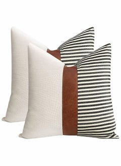 Buy Modern Geometric Decorative Throw Pillow Covers Home Cushion Covers Set of 2 Farmhouse Decor Stripe Patchwork Linen Throw Pillow Covers, Tan Faux Leather Accent Pillow Covers 18x18 inch in UAE
