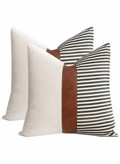 Buy Modern Geometric Decorative Throw Pillow Covers Home Cushion Covers Set of 2 Farmhouse Decor Stripe Patchwork Linen Throw Pillow Covers, Tan Faux Leather Accent Pillow Covers 18x18 inch in UAE