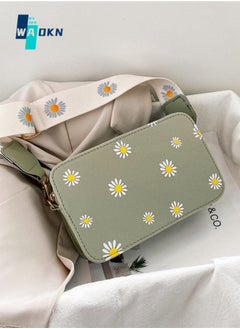 Buy Women's Fashion Daisy Pattern Crossbody Bag, Classic Elegant Wide Strap Shoulder Bag for Ladies, College Commuter Printed PU Small Square Bag Tote Bag Messenger Bag (Green) in UAE