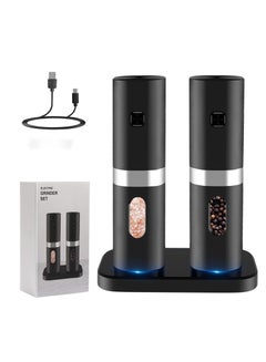 Buy Rechargeable Electric Salt and Pepper Grinder Set with Double Charging Base, Support Battery Operated, Refillable Spice Automatic Mill Shakers Set with Adjustable Coarseness & LED Light in UAE