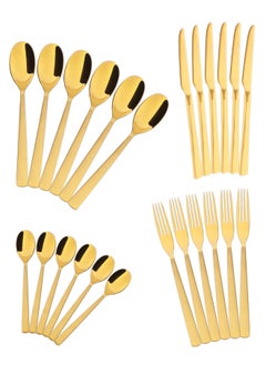 Buy 24 Pieces Cutlery Set Service for 6 person,Pure Stainless Steel Flatware Set,Mirror Polished Cutlery Utensil Set Include Spoon/Fork/Knife/Tea Spoon(SHINE GOLD & SAND BLASTING HANDLE) in UAE