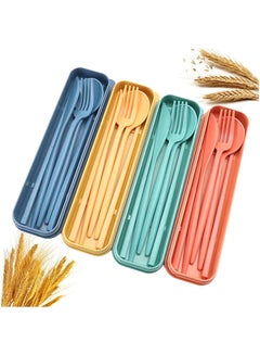 Buy Wheat Straw Cutlery, 4 Pieces Portable Cutlery Set, Reusable Travel Cutlery Set for Lunch Box Workplace Camping School Picnic or Daily Use (4 Colors with Storage Box) in Saudi Arabia