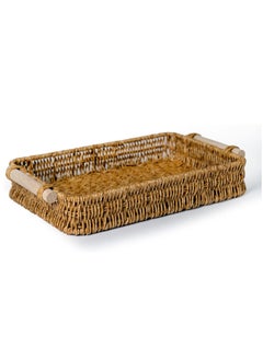 Buy Rectangular All Weather Wicker Rattan Serving Tray with Wooden Handles Decorative Woven Wicker Ottoman Basket for Boho Home Decor Coffee Table Outdoor Picnic in Saudi Arabia