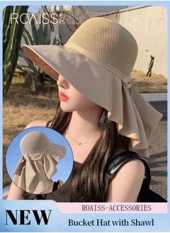 Buy Women's Bucket Hat with Shawl Breathable Hollow Cut Knitted Sun Hat Wide Brim UPF50+ Sun Protection Cap Packable Summer Beach Outdoor Hat for Women in UAE