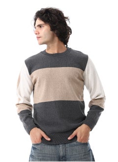 Buy Tri-Tone Striped Long Sleeves Pullover_Dark Grey & Beige in Egypt