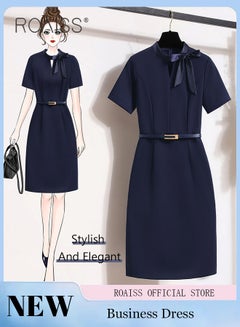 Buy Ladies Short-Sleeve Tie-Neck Sheath Dress Women Short-Sleeve Belted Dress Invisible Zipper Women Elegant Professional Dress in Saudi Arabia