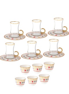 Buy Turkish tea and coffee set 18 pieces consisting of 6 teacups + 6 tea saucers + 6 Saudi coffee cups in Saudi Arabia