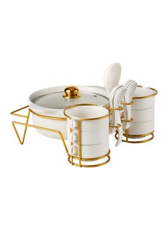 Buy Shallow Porcelain 15-Piece Soup Set with Matt Fleck Gold Stand Rack in UAE