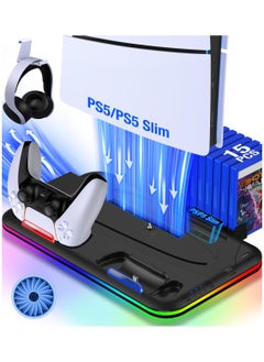 اشتري PS5 Stand, PS5 Slim Stand with Cooling Station and Controller Charging Station for PS5 Slim Console Disc/Digital, PS5 Accessories-Cooling Fan, RGB LED, Headset Holder, 15 Game Slot for Playstation 5 في السعودية