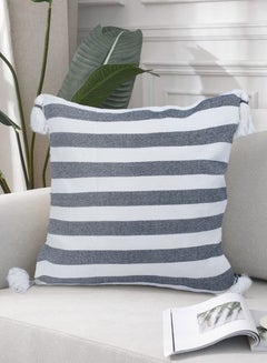 Buy Jute and Cotton Woven Square Shaped Cushion with Tassle 16 x 16 inches for Living Room Sofa (Striped Pattern, Grey) in UAE